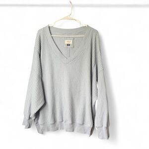 American Eagle Oversized Waffle Knit V-Neck Pullover Sweatshirt Light Blue XL